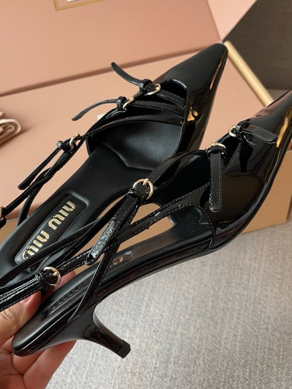 Miu Miu Patent Leather Strappy Pointed-Toe Open-Back High-Heeled Sandals - Picture 4 of 8